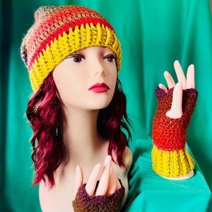 Multicolored Rasta hat and matching fingerless gloves